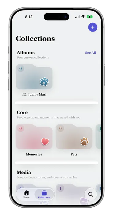 The Collections screen on iPhone, showing custom albums grouped alongside the automatic category and decade collections.