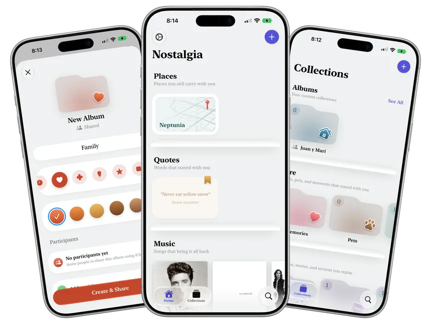 Three iPhones showing Nostalgia: creating a shared album, the home feed of places, quotes and music, and the Collections view.