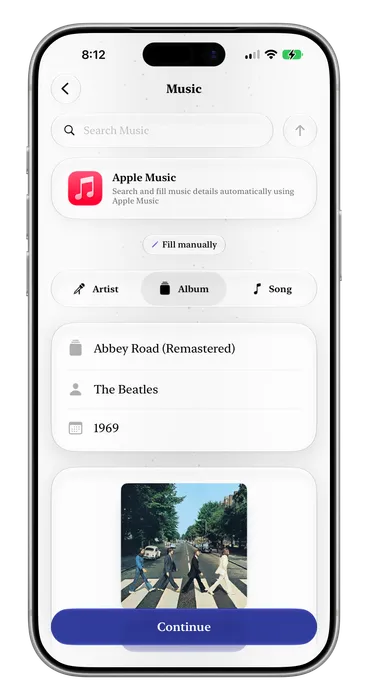 Nostalgia’s music search on iPhone, listing Apple Music albums with their artwork ready to add in one tap.